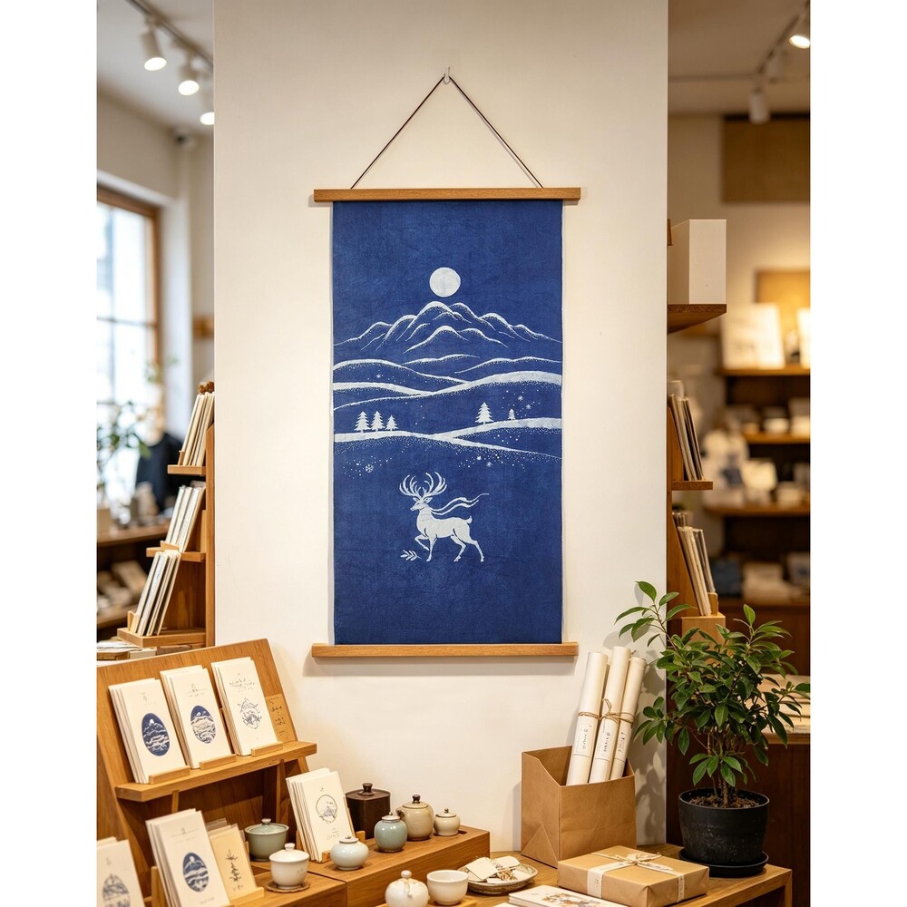 Seeking Deer Mountain Moon Indigo Batik Wall Art, Japandi Zen Hanging Tapestry